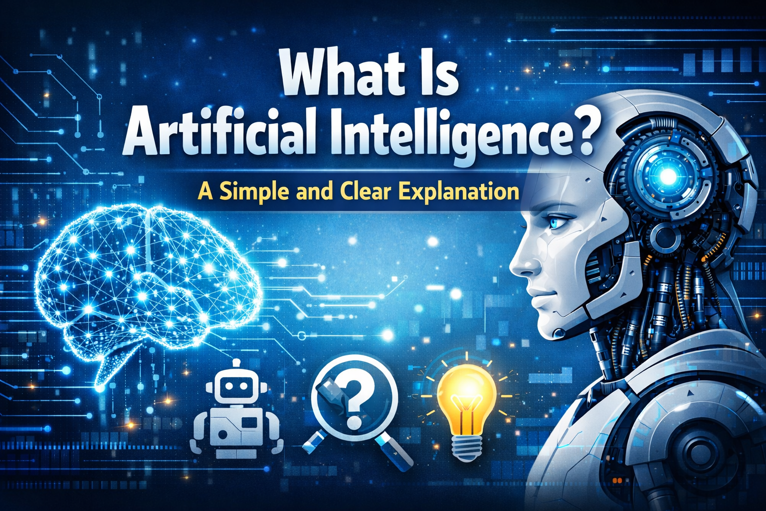 What Is Artificial Intelligence? A simple visual guide showing how machines learn, think, and solve problems like humans.
